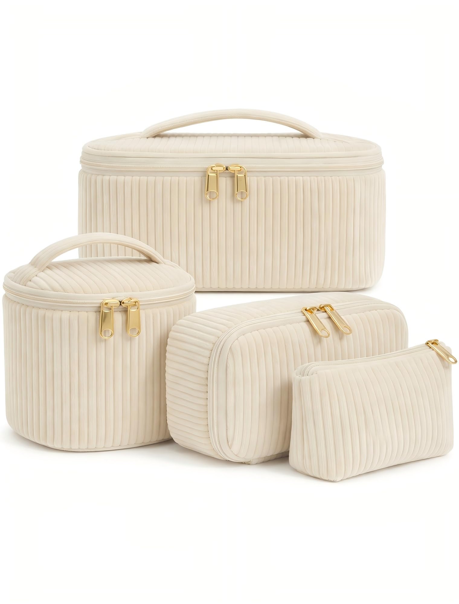 Set de 4 Neceseres Maquillaje Mujer de Nailon con Asa, Estuche Cosméticos Grande Mediano Pequeño Mini, Organizador de Viaje y Uso Diario, Beige