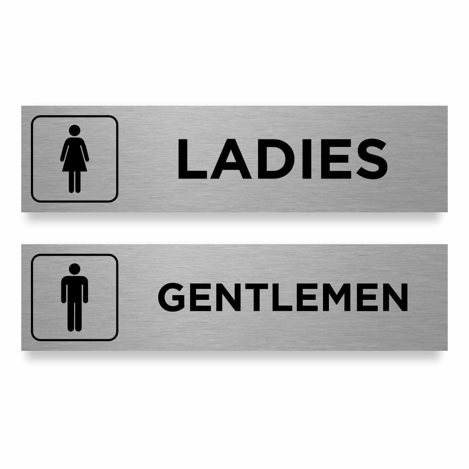 Slimline Aluminium Toilet Door Signs Twin Pack from ViroDisplay® - Gentlemen & Ladies Symbols - Brushed Silver - 200 x 50mm - Durable Printed Surface - Self-Adhesive Fixing