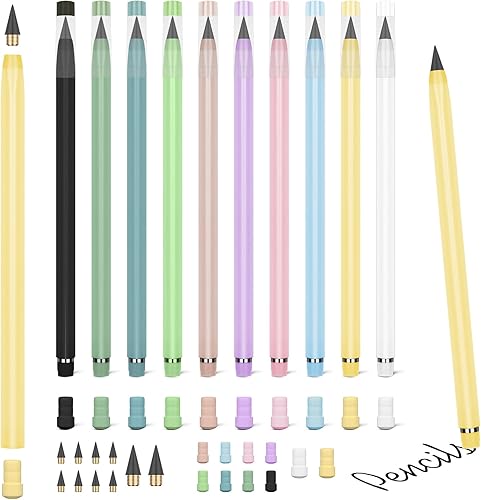 Infinity Pencil, 10 lápices sin tinta Forever con borrador, incluye 10 puntas reemplazables, 20 borradores reutilizables, lápices mágicos para