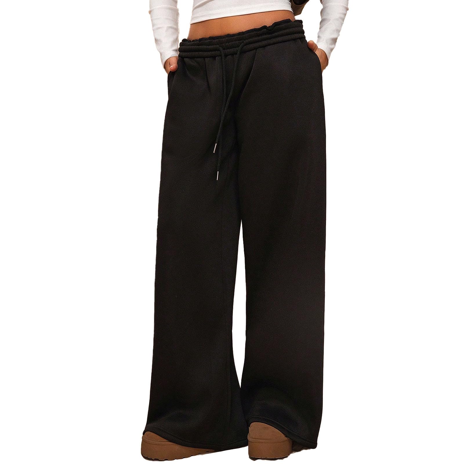 Gadgetora Womens Drawstring Pants Waist Straight Long Wide Leg Sweatpants Casual Loose Baggy Workout Long Fall Suitable