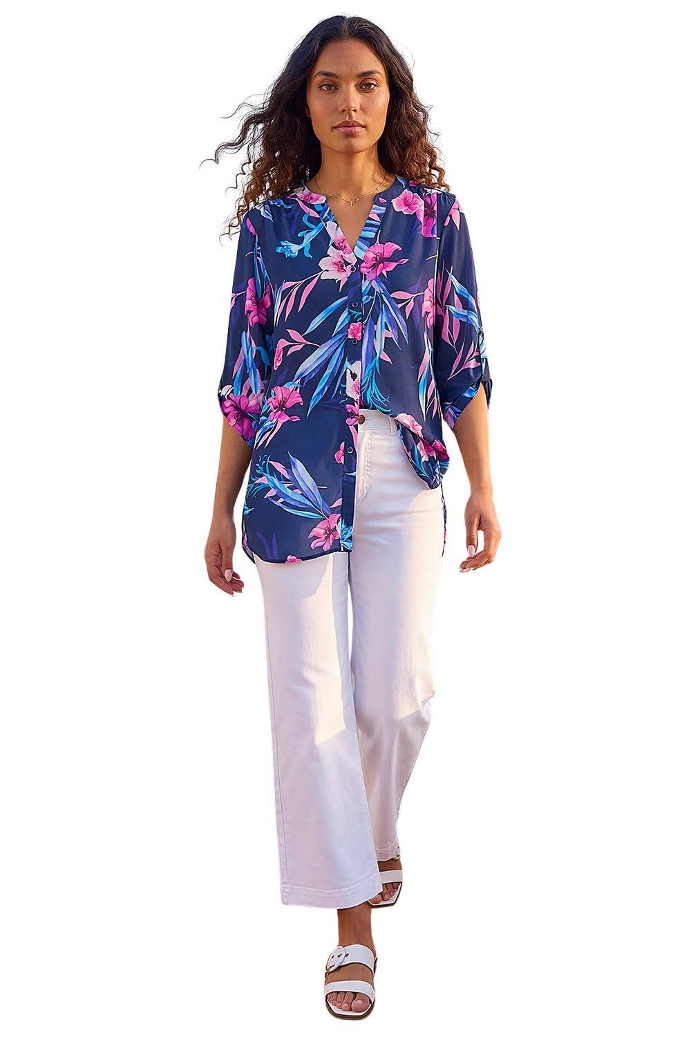 Roman Originals Shirt Top for Women UK Ladies Collarless Blouse Smart Tunic Button Through Longline Asymmetric Hem 3/4 Length Roll Up Sleeves V Neck Going Out - Pink & Navy - Size 14