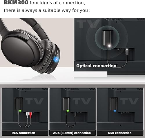 Miniatura 3 de makemate BKM300 Auriculares inalámbricos para TV Bluetooth con 4 opciones de salida (óptica, AUX, RCA y USB), alcance de 165 pies, mayor volumen, 20