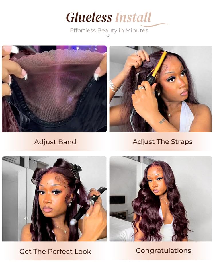 Image of Arabella 6x5 Burgundy Glueless Human Hair Wig Burgundy Pre Plucked Pre Cut 210% Density 12A Bleached Knots Density Drawstring Straight For HD Transparent Lace Wig 20 Inch