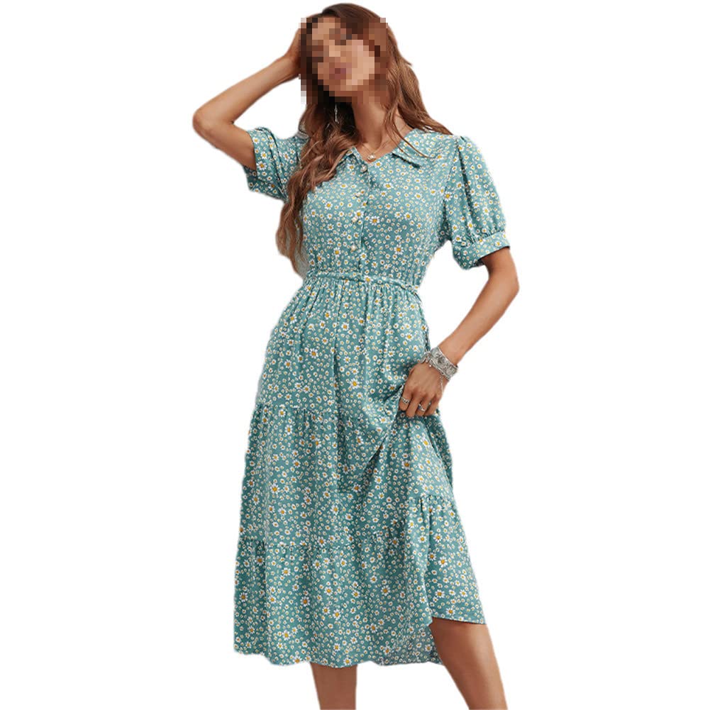 Vsadsau Vestido largo de verano para mujer, estampado floral, vestido midi de fiesta, manga corta, vestido largo acampanado