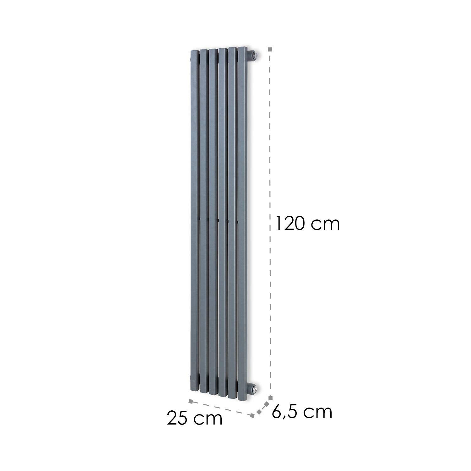 Delgado 120x25 Radiator - grzejnik rurowy, 6 żeber pionowych, 2 w 1: podłączenie środkowe lub boczne/przyłącza 1/2", montaż ścienny, 508 W/maks. 70°C/maks. 10,1 bar, Slim, 4-10 m², Szary