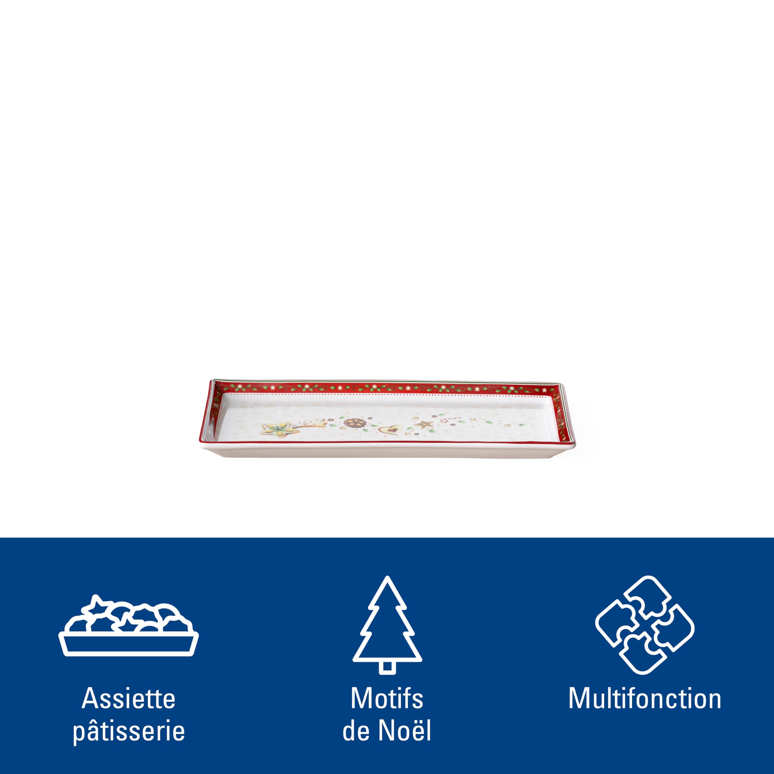 Villeroy & Boch Winter Bakery Delight Plat à gâteau rectangle, Porcelaine Premium, Blanc/Rouge/Beige