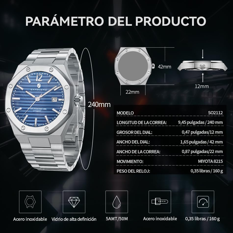 SAPPHERO Men's Watch Octagonal Stainless Steel Luminous Wristwatch Luxury Analog Quartz Watch for Men with Date Elegant Mens - Image 6