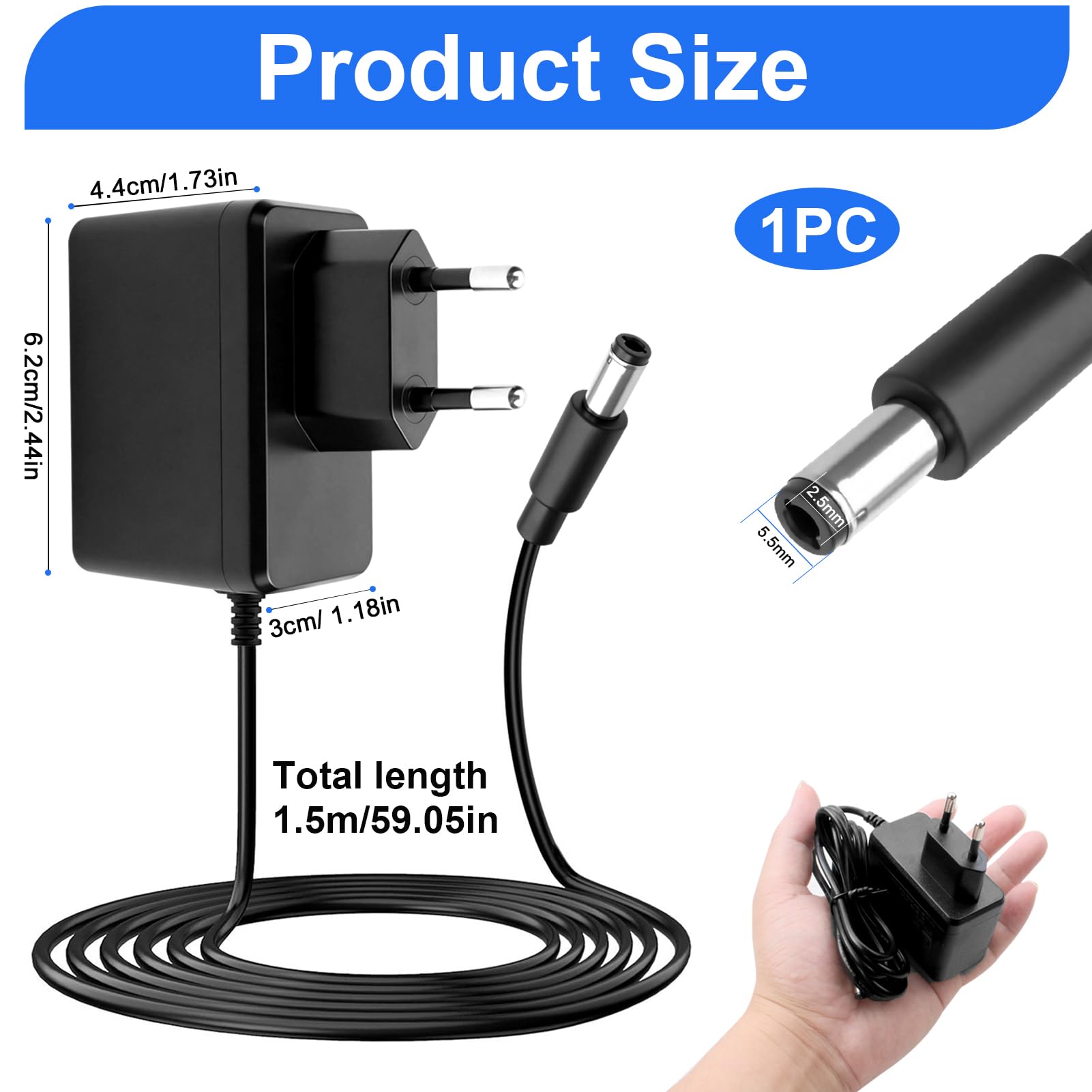 Adattatore Alimentazione 12V 1,5A Universale, Alimentatore AC/DC 100–240V con Presa Jack DC 5,5×2,5 mm, Caricatore per TV Box, Strisce LED, Router, Telecamere, Lampade, Cavo 1.5 m