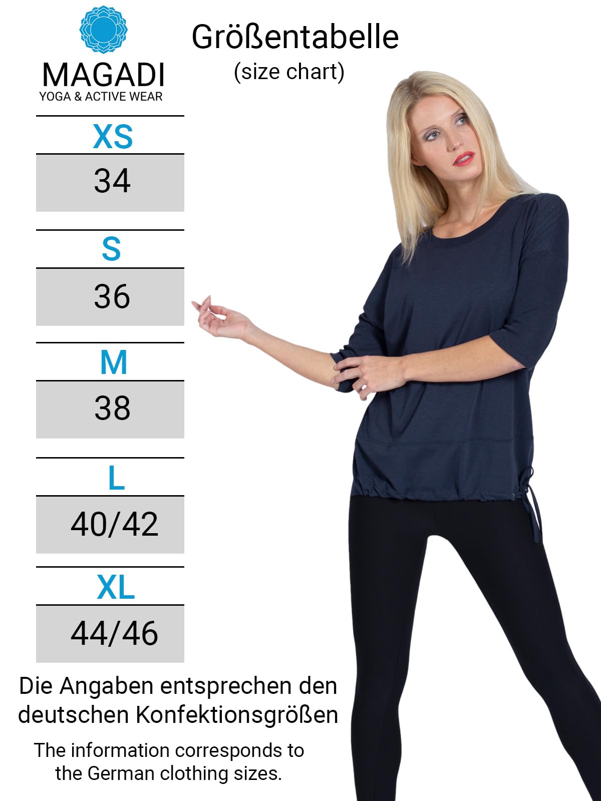 Magadi Maglietta da yoga Sara Aqua da donna in cotone biologico, da donna, top sportivo per yoga, pilates, palestra, sostenibile ed equo, blu navy, XS - XL