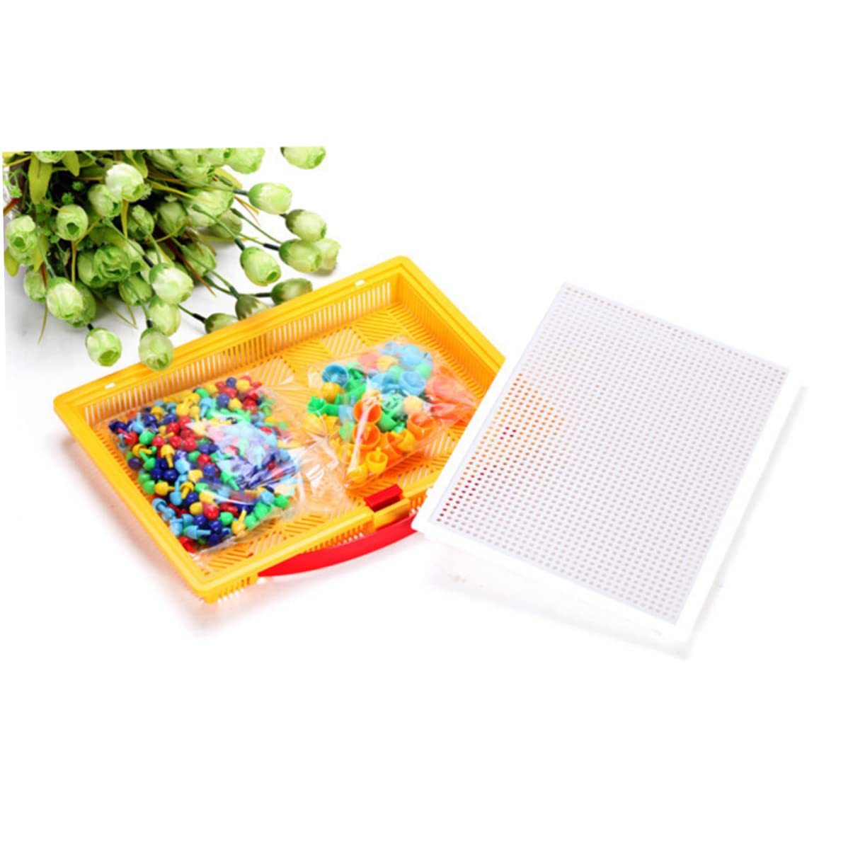 KOMBIUDA Gioco Educativo con 296 Elementi di Chiodi a Fungo in Plastica per Ragazzo Ragazza, Puzzle Creativo con Pegboard e Cestino Portaoggetti per Attività Homeschooling e Colore Casuale