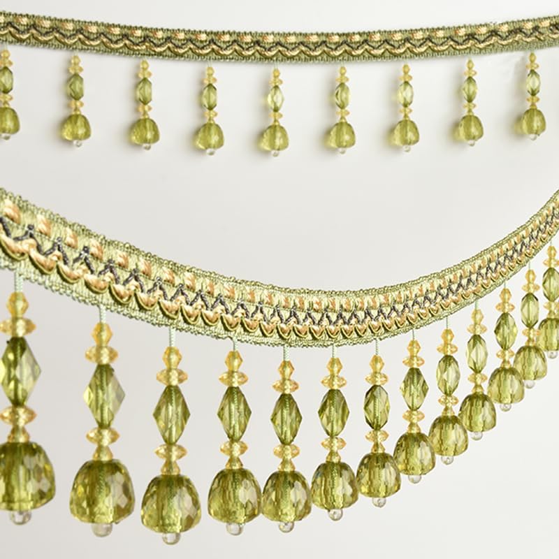 Fringe Trim Tassel,Curtain Lace, 12 Meters Crystal Beaded Lace Trim Tassel Fringe Braided Hanging Beads Trimming Ribbon for Sewing Curtain Home Decor (Color : Pink) (Color : Green)