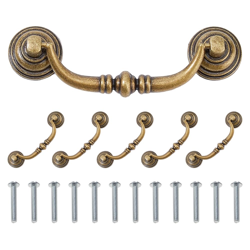 SUPERFINDINGS 6 Sets Vintage Bail Pull Handles 4 inch Hole Center Antique Bronze Drawer Handles Alloy Drop Pulls Decorative Cabinet Pull for Kitchen Cabinet Bedside Cupboard Drawer