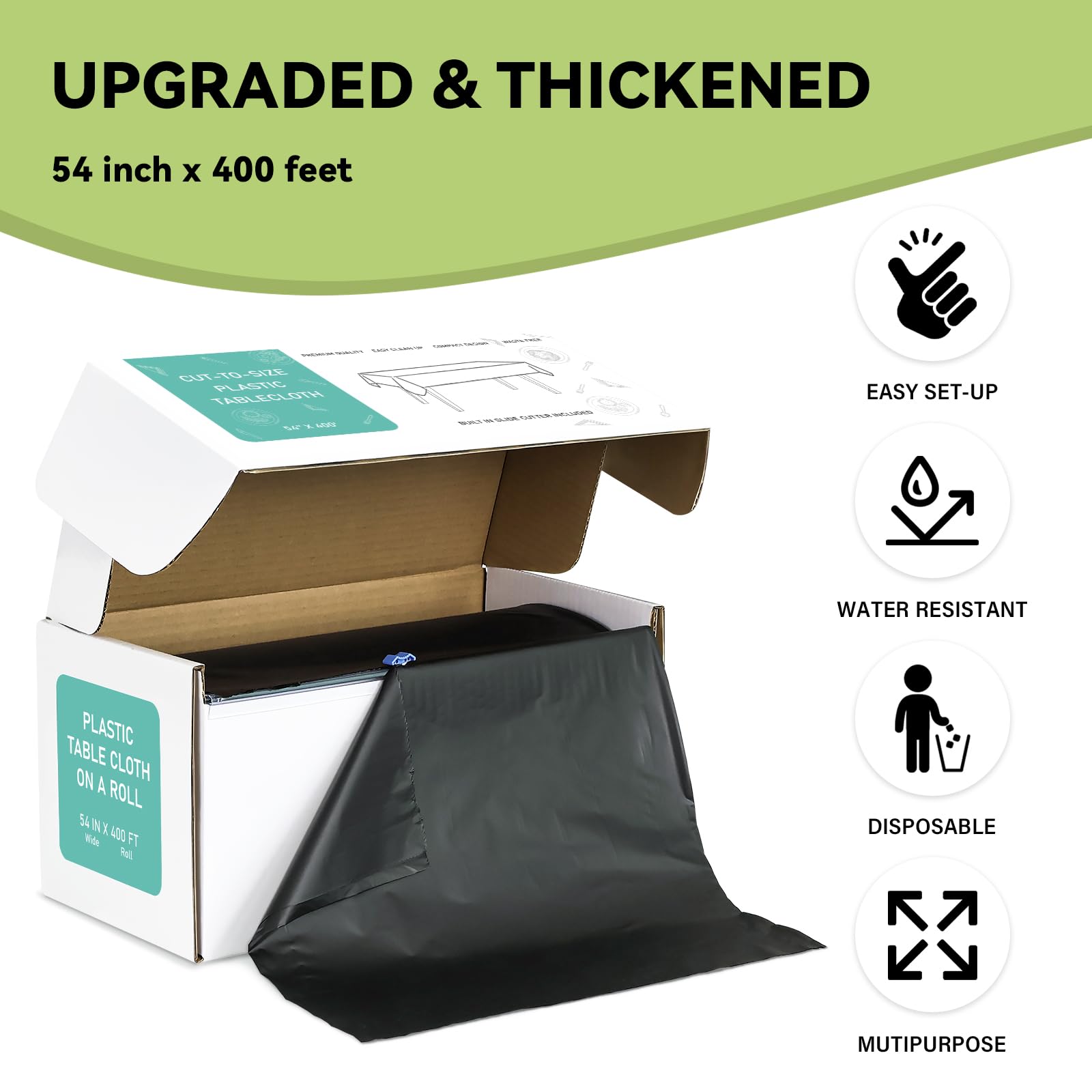 LANLISA Rouleau de nappe jetable en plastique noir de 137,2 cm x 122,4 m avec boîte de découpe, nappe jetable pour fêtes, pique-niques, banquets, mariages, anniversaires, décorations d'anniversaire