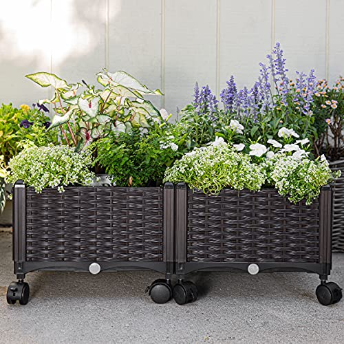 Barton 2 Pieces Rolling Garden Bed Brown Plastic w/Self-Watering Design Outdoor Elevated Planter Box Kit Wheels Mobile by Barton - Image 3