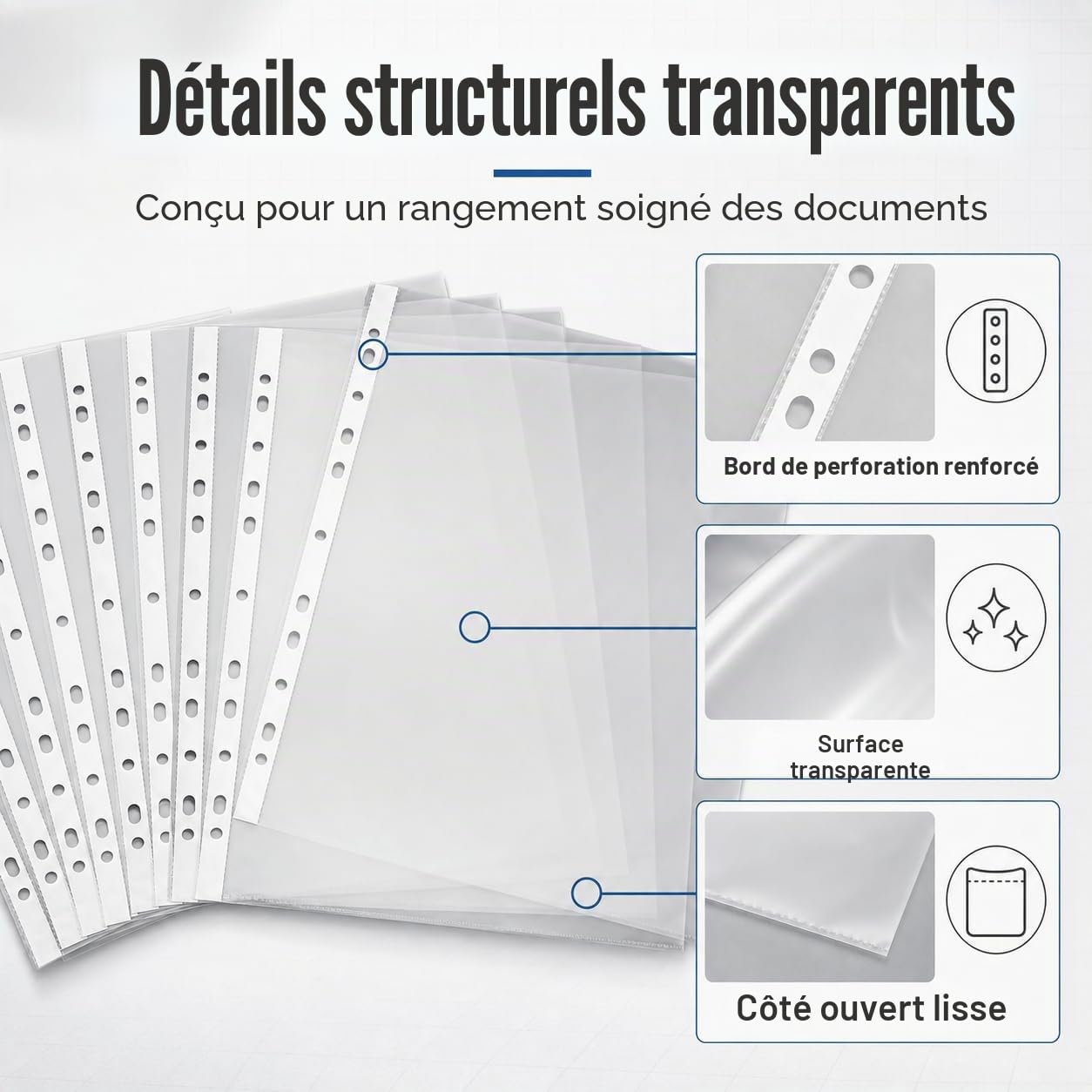 Lot de 100 pochettes transparentes A3, pochettes transparentes DIN A3, feuilles en plastique transparent, pochettes perforées en plastique transparent pour dossiers A3, documents, papiers