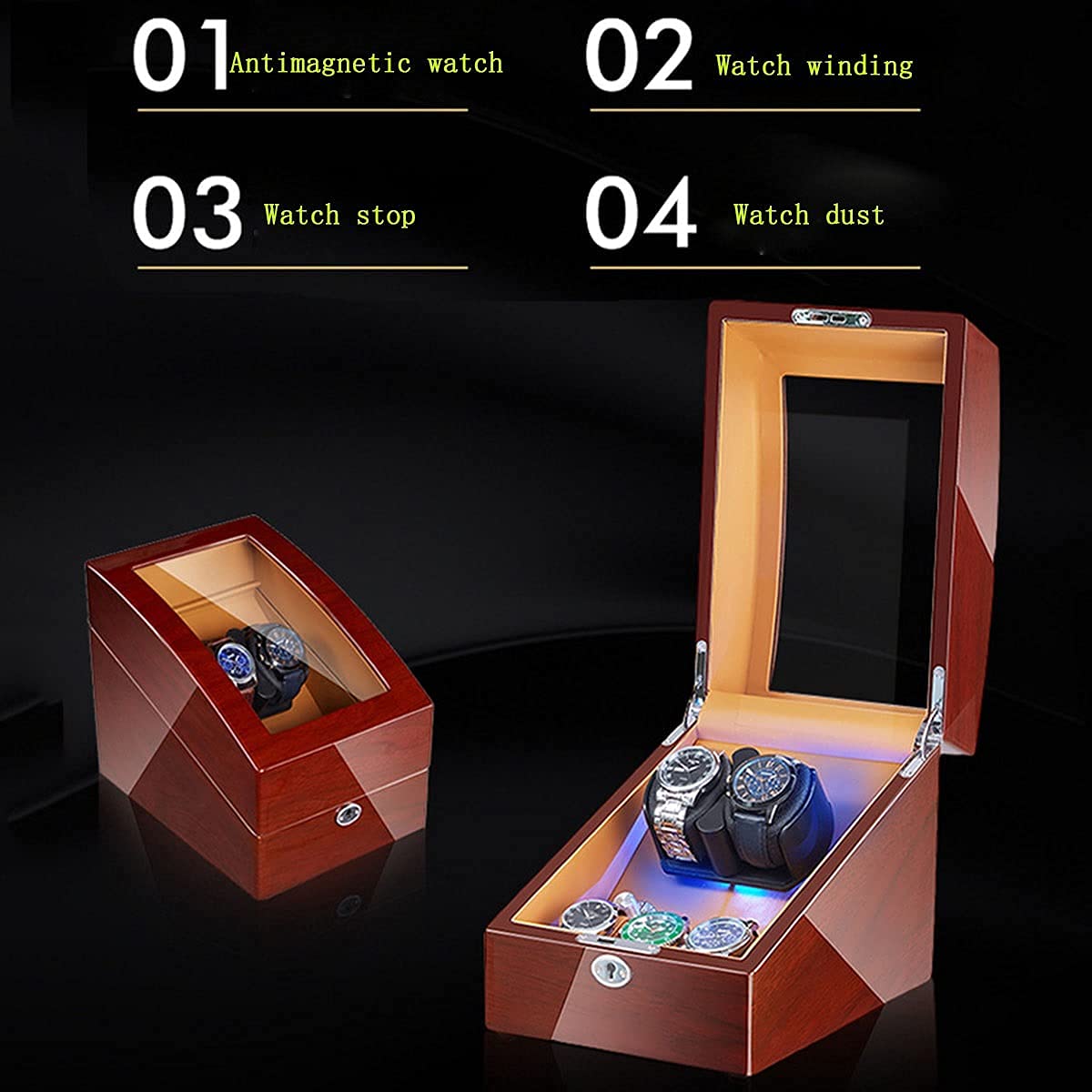 Caricatore Doppio per Orologi Automatici, Scatola di Carica con 3 Posizioni di Ricezione, Cassa per Orologi a LED Rotante, Motore Silenzioso, espositore per Orologi.