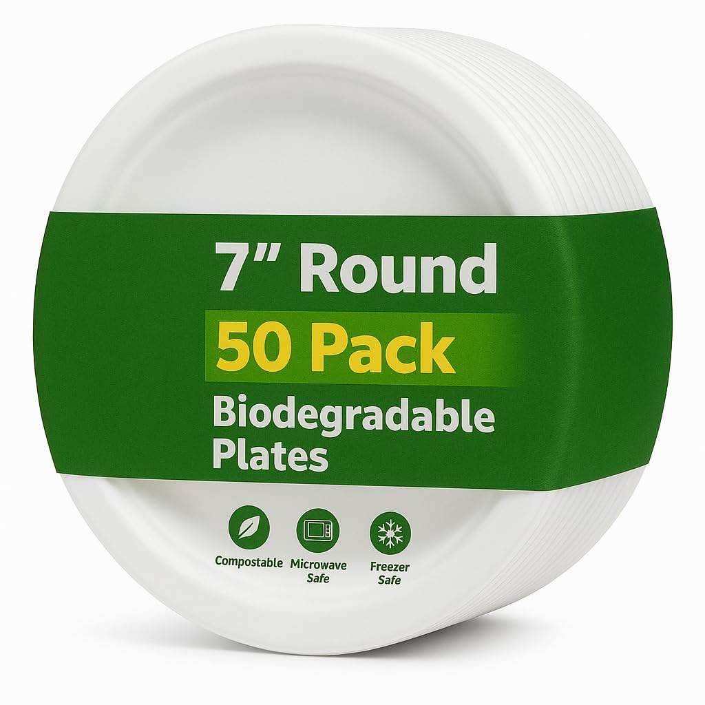 1ABOVE 50 Pack Extra Strong White Disposable Bagasse Plates, 100% Compostable and Biodegradable, Made from Sugarcane Fibre, Perfect for BBQ, Wedding, Office, Picnics and Parties (7 INCH)