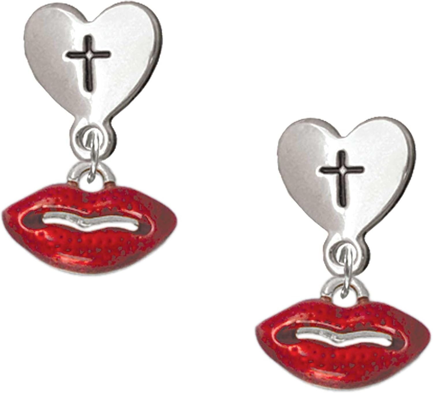 Delight Jewelry Plated Small Translucent Red Lips Plated Cross in Heart Post Dangle Earrings