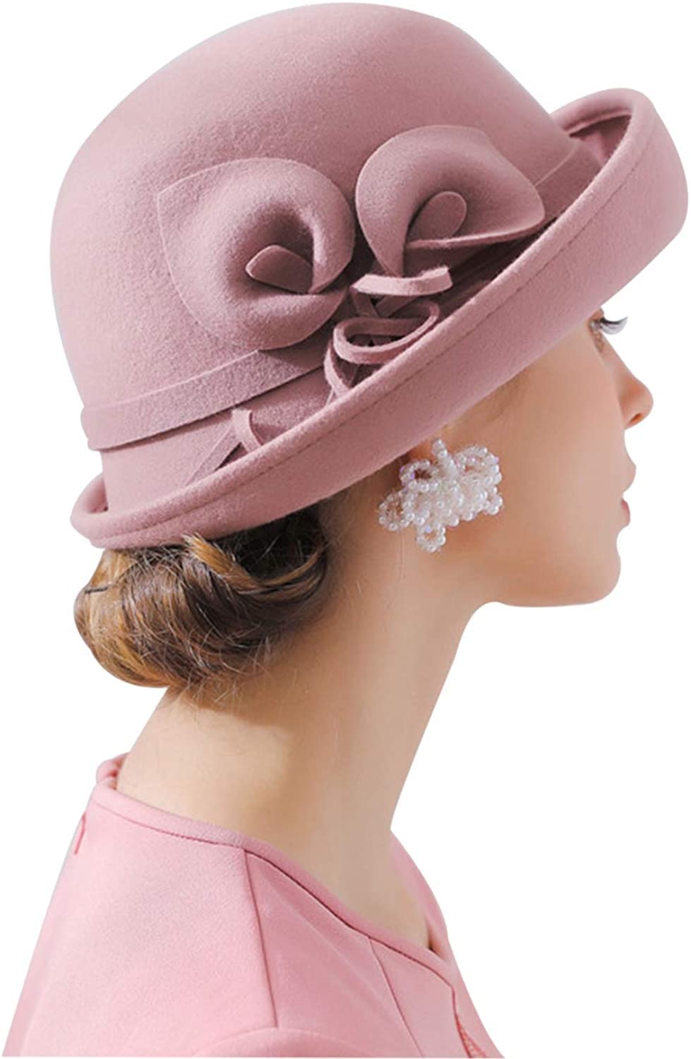 RZTA Women's Vintage 100% Wool Felt Cloche Bucket Bowler Hat Winter Vintage Bow Fedoras Church Derby Fascinator Hat, A01-pink, One Size