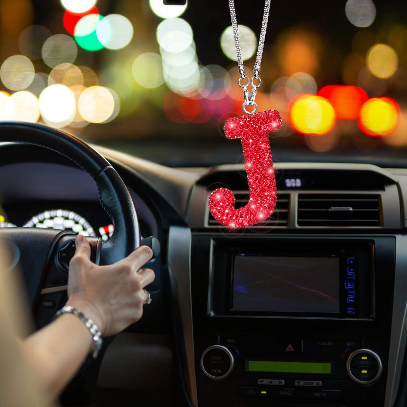 Pendentif De Rétroviseur Voiture - Ornement Jante Roue Avec Chaîne Perles - Rouge - 33,5 Cm