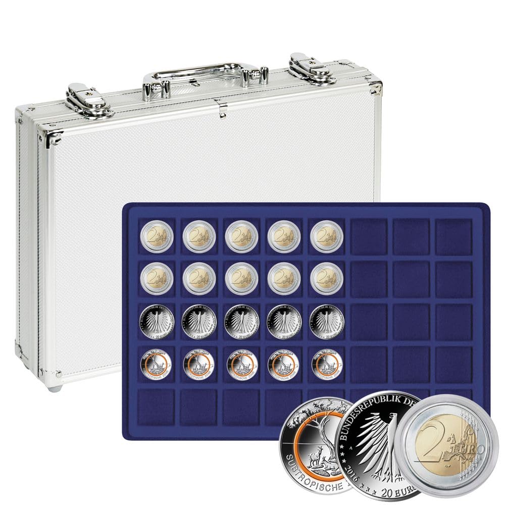 LINDNER Das Original Maletín de Aluminio para Monedas con 5 tableros Azul Oscuro para 200 Monedas o cápsulas para Monedas de hasta un diámetro de 34 mm