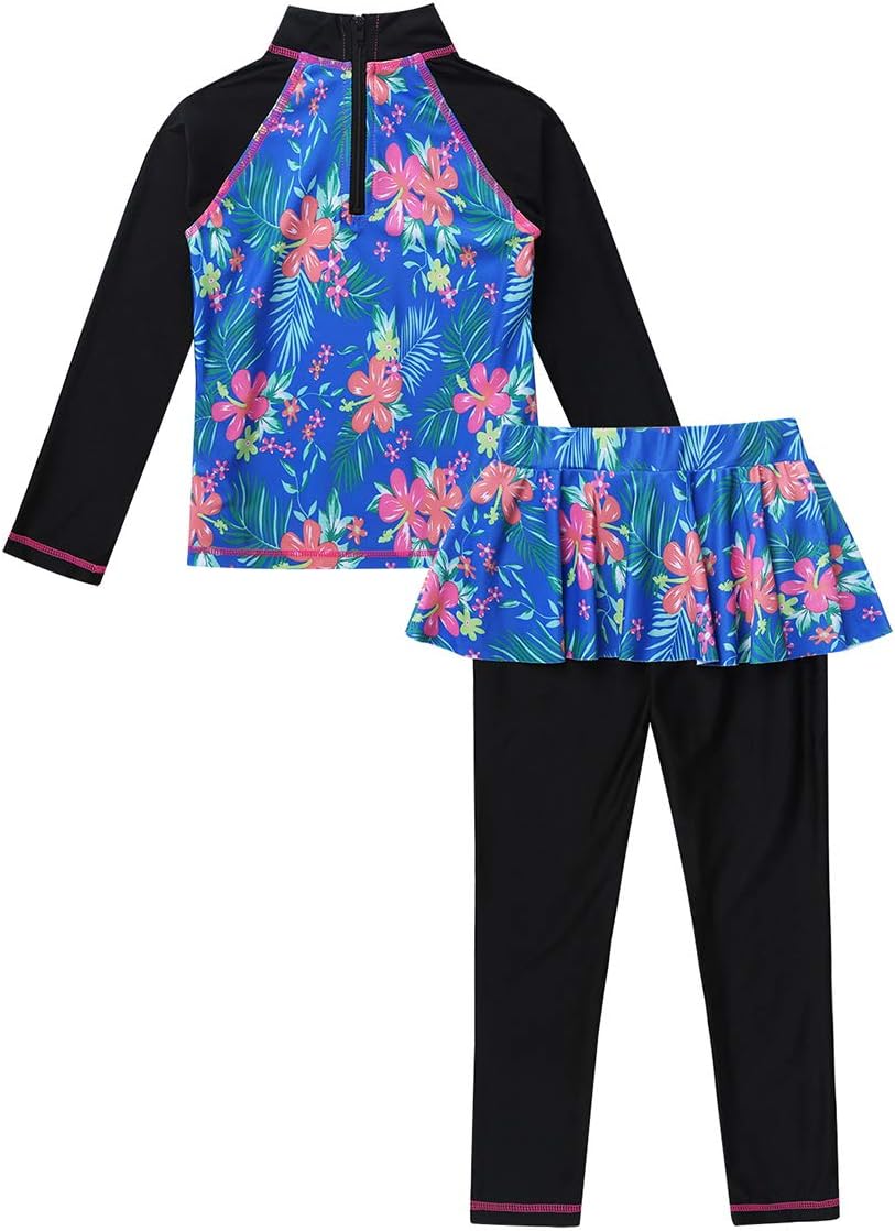 Freebily Kids Girls Long Sleeves Rash Guard Swimsuit Floral Top with Pantskirt Set Swimwear Bathing Suit Wetsuit
