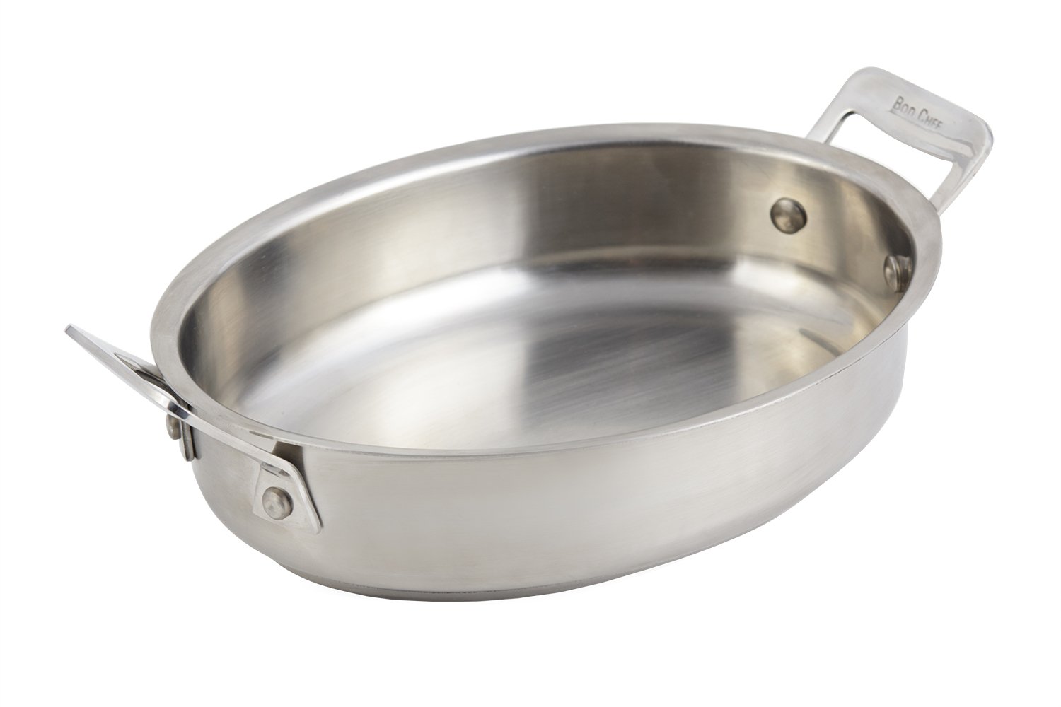 Bon Chef 60020 Stainless Steel Induction Bottom Cucina Oval Augratin Dish, 38 oz Capacity, 9
