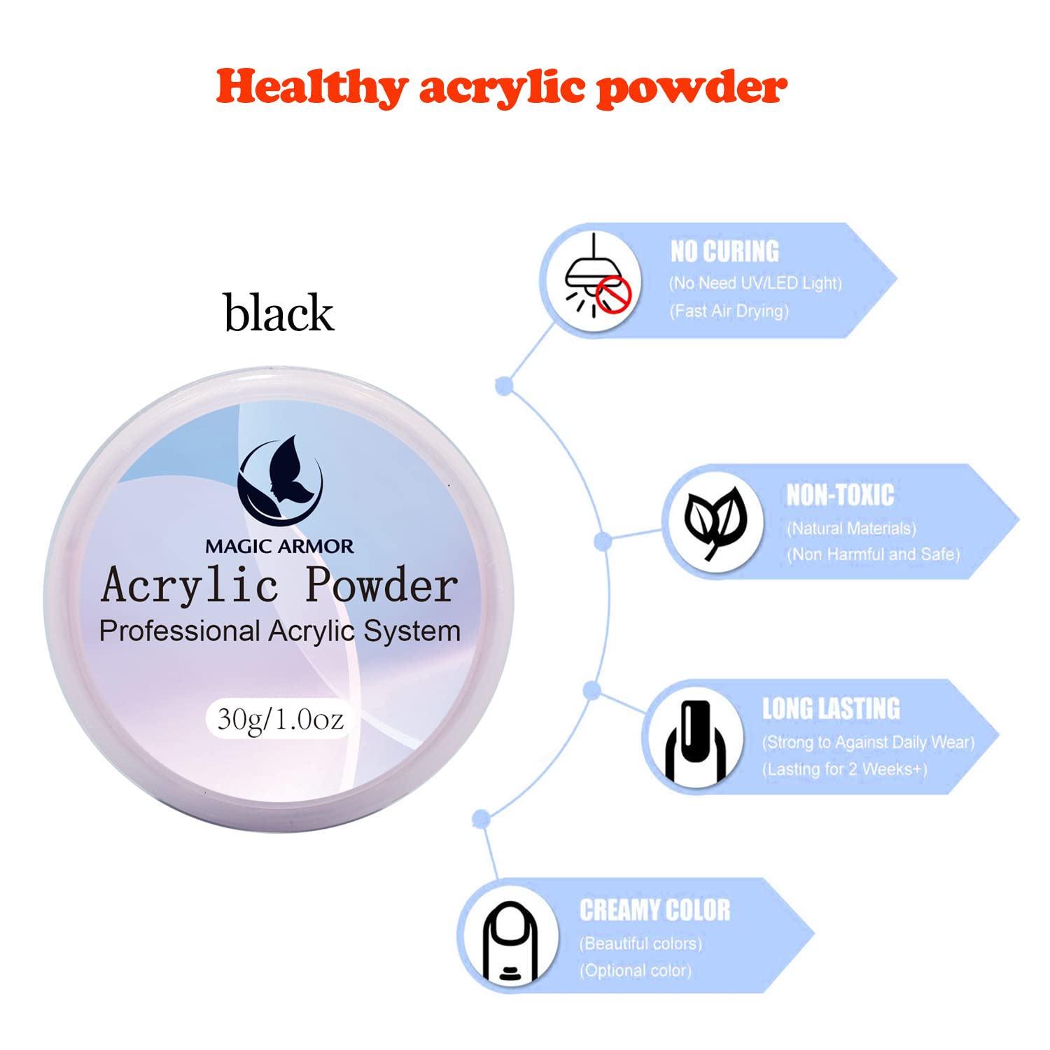 MAGIC ARMOR Akrylowy proszek do paznokci, 30 g, proszek akrylowy, łatwy do formowania, nie żółknie, profesjonalny proszek akrylowy do przedłużania paznokci akrylowych do domu i salonu (czarny)