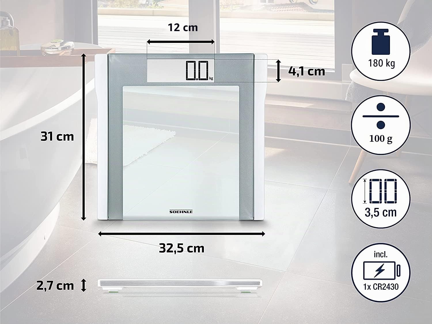Soehnle Balance pèse personne Style Sense Comfort 200, Balance électronique élégante avec large écran LCD, Balance de précision supportant jusqu'à 180 kg, Pèse personne solide et durable