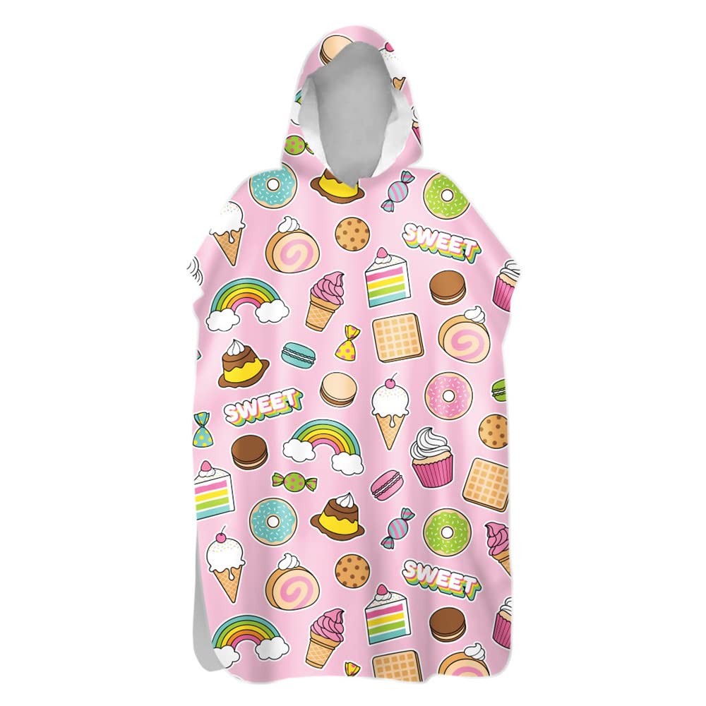 Treer Poncho Changing Robe Hooded, Dessert Cake candy Print Large Beach Towel Quick Dry Light Weight Blanket Towel with Hood for Surfing Swimming Wetsuit Adult Woman & Man (pink,75x145cm)