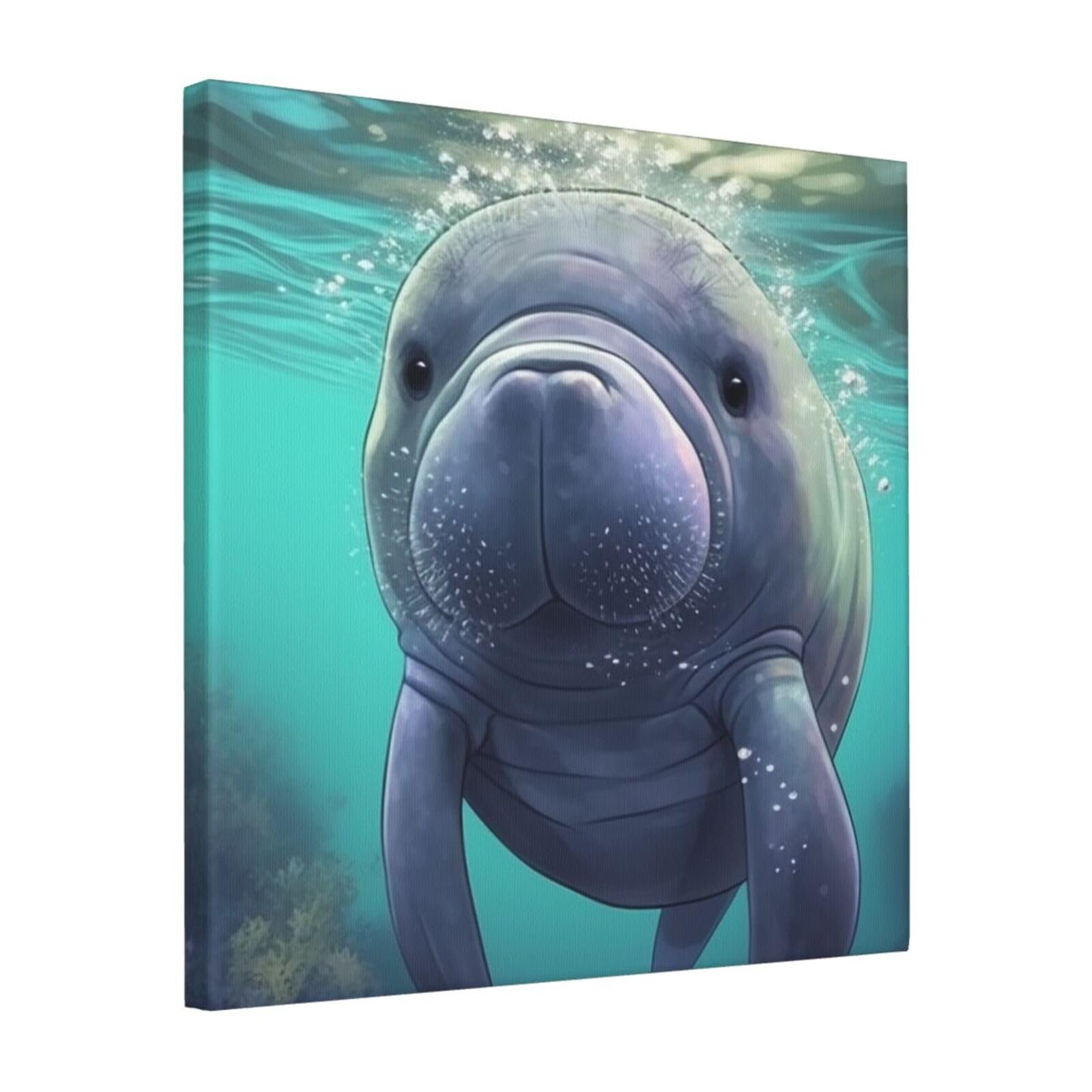 FodPand Cute Sea Animal Manatee Canvas Wall Art for Living Room Wall Decor 16"x16" Modern Artwork Painting Pictures Hanging Canvas Prints Aesthetic Wall Art for Bedroom Bathroom Office Wallart Decor