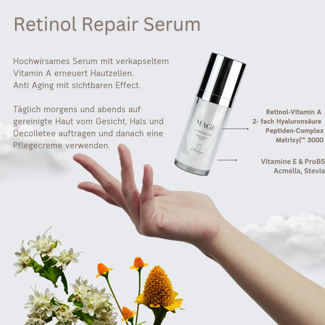 MAGE Sérum réparateur au rétinol - Sérum visage anti-âge avec vitamine A - Soin du visage pour réduire les rides - Pour une peau lisse - Sans parfum - Végétalien - Fabriqué en Allemagne