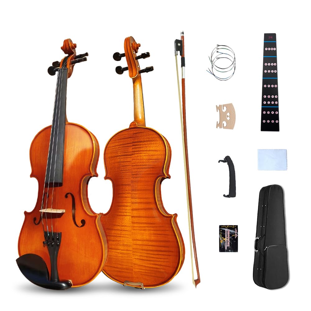 Vetimobato Violin 3/4 Full Size Set Violin for Beginners & Adults & Student & Kids Fiddle Kit with Case, Bow, Rosin, Shoulder Rest,Extra Strings,Bridge, Fingerboard Sticker(3/4 Violin Brown)
