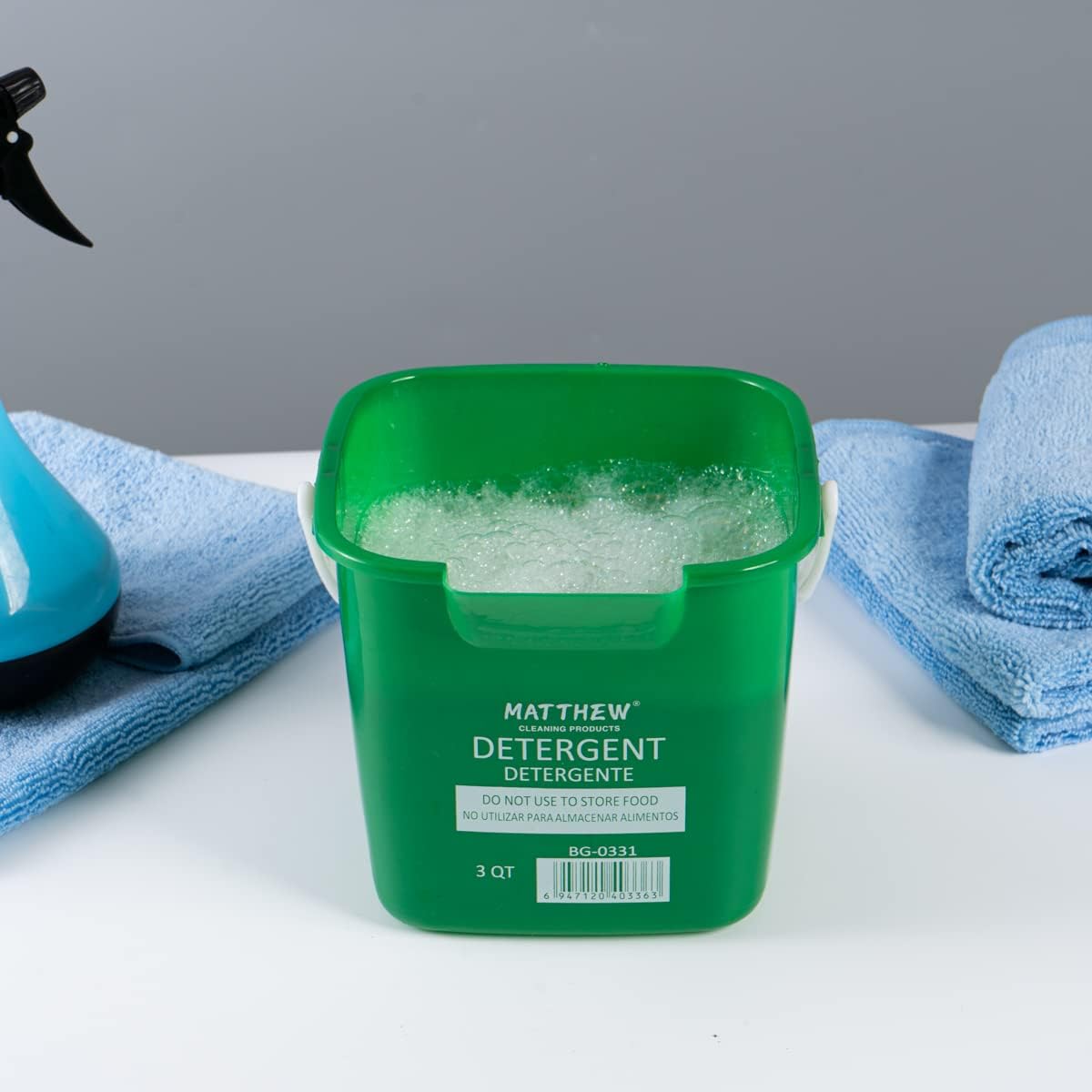 Matthew Detergent&Sanitizing Cleaning Bucket 3 Quart Plastic Pail,Set of 12 Square Containers,Built-in Spout w/Handle,Wash Rinse Sanitize Handwash Bucket for Home Office Commercial Restaurant (Green)