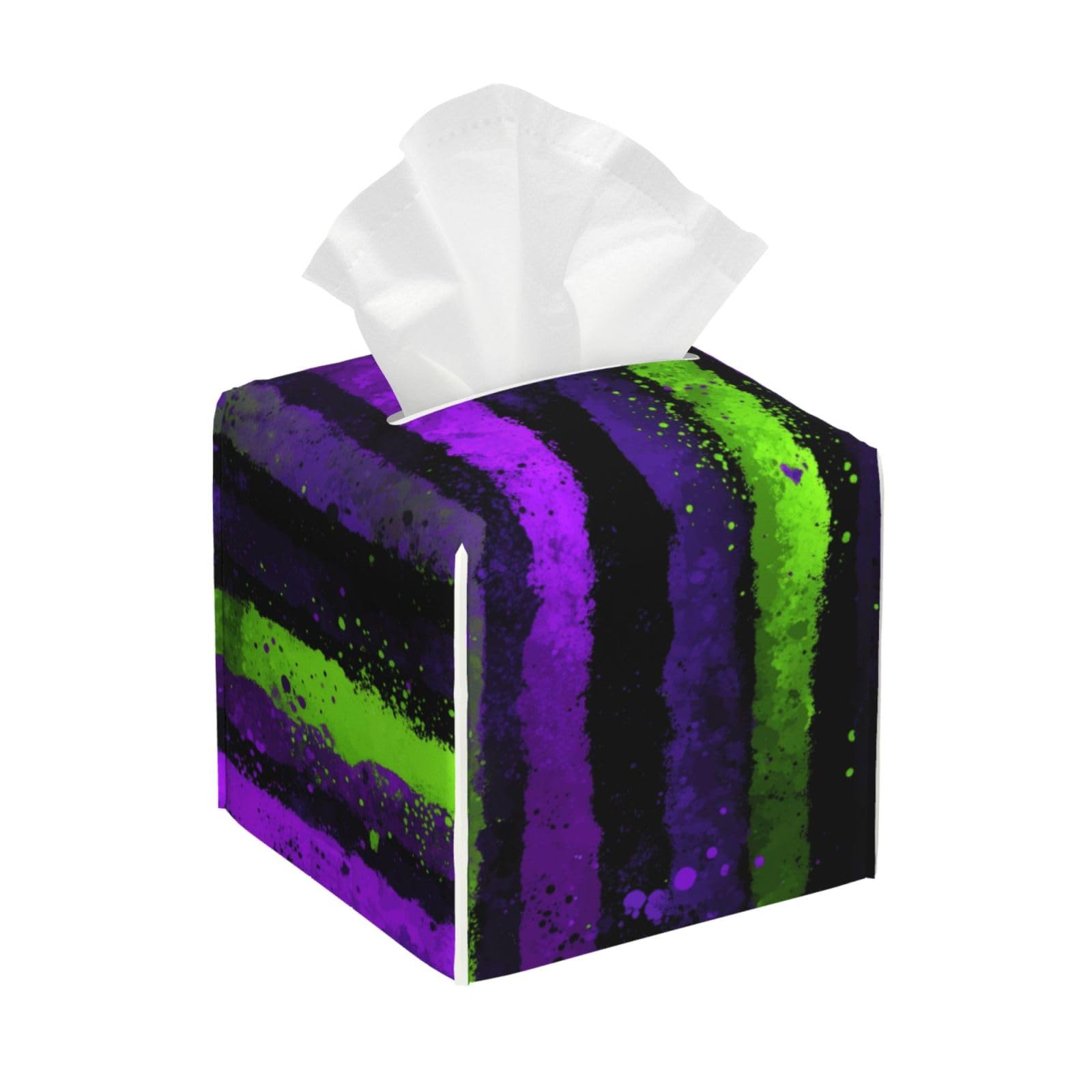 Purple Neon Green Stripes Splatters Tissue Box Cover Square Pu Leather Waterproof Tissue Box Holder for Car Bathroom Bedroom Office Tabletop Decor