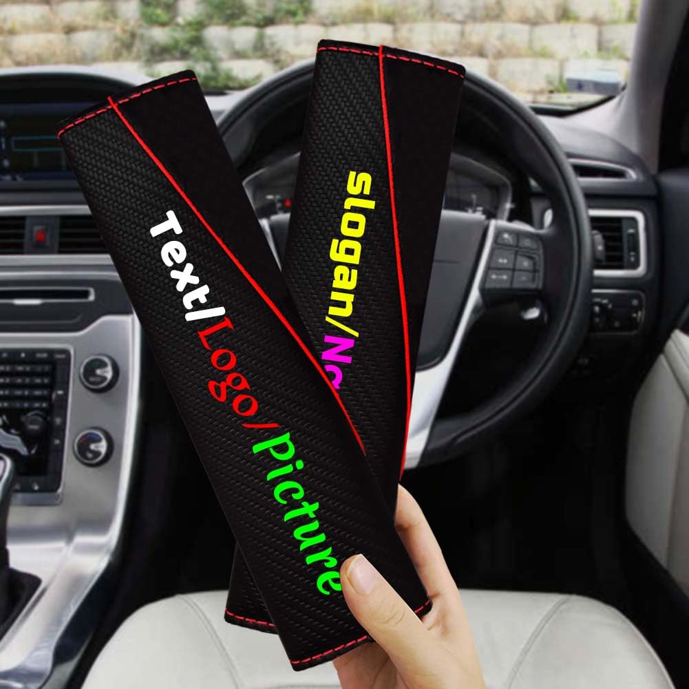 Custom Text Car Seat Belt Covers - Carbon Fiber Strap Pads With Velcro, Set Of 2, Personalized Logo Or Text (23x6cm) - View #4