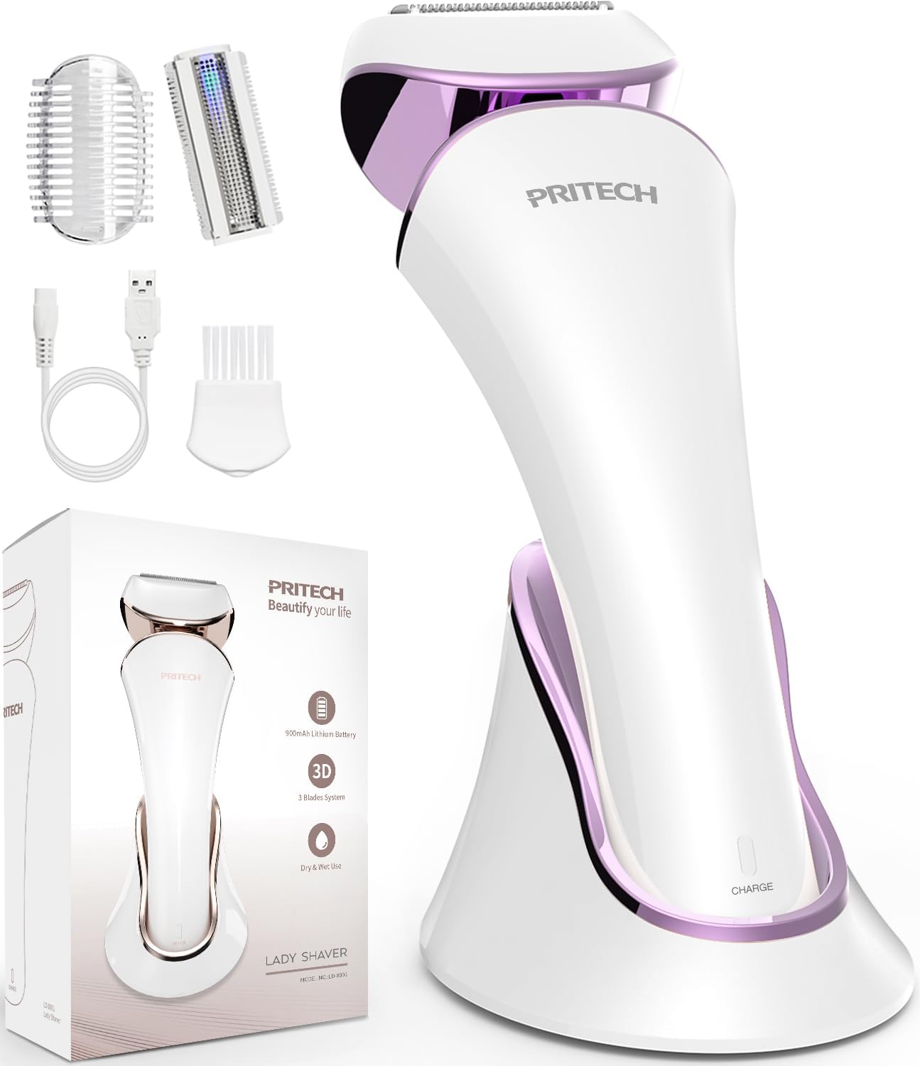 PRITECH Electric Razor for Women - Rechargeable Shaver for Women Portable Lady Shaver for Legs, Arm, Underarms, Bikini, USB Rechargeable, Wet & Dry Waterproof Bikini Trimmer for Woman, Purple