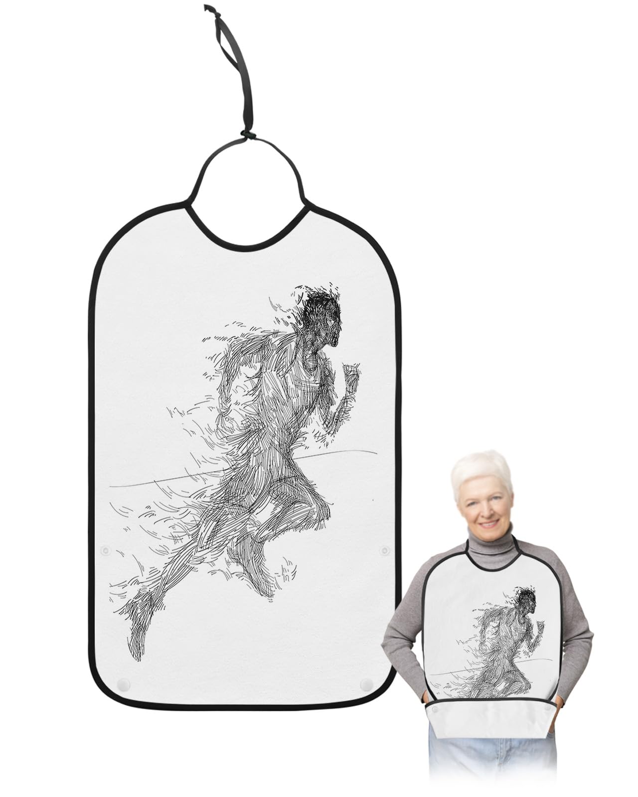 LEOKOTI Black and White Lines Adult Bibs for Eating, Waterproof Bibs with Food Catcher & Adjustable Snap Closure, Modern Abstract Art Washable Clothing Protectors Adult Bibs for Elderly Women/Men
