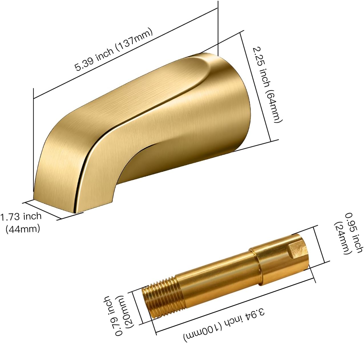 Tub Spout without Diverter, Slip-On Tub Spout, Heavy Duty All Metal Bathtub Faucet with brass,Shower Slip-on Bathtub Faucet for 1/2 Inch Copper Pipe,5-3/8 Inch Bath Tub Faucet Replacement,Brushed Gold