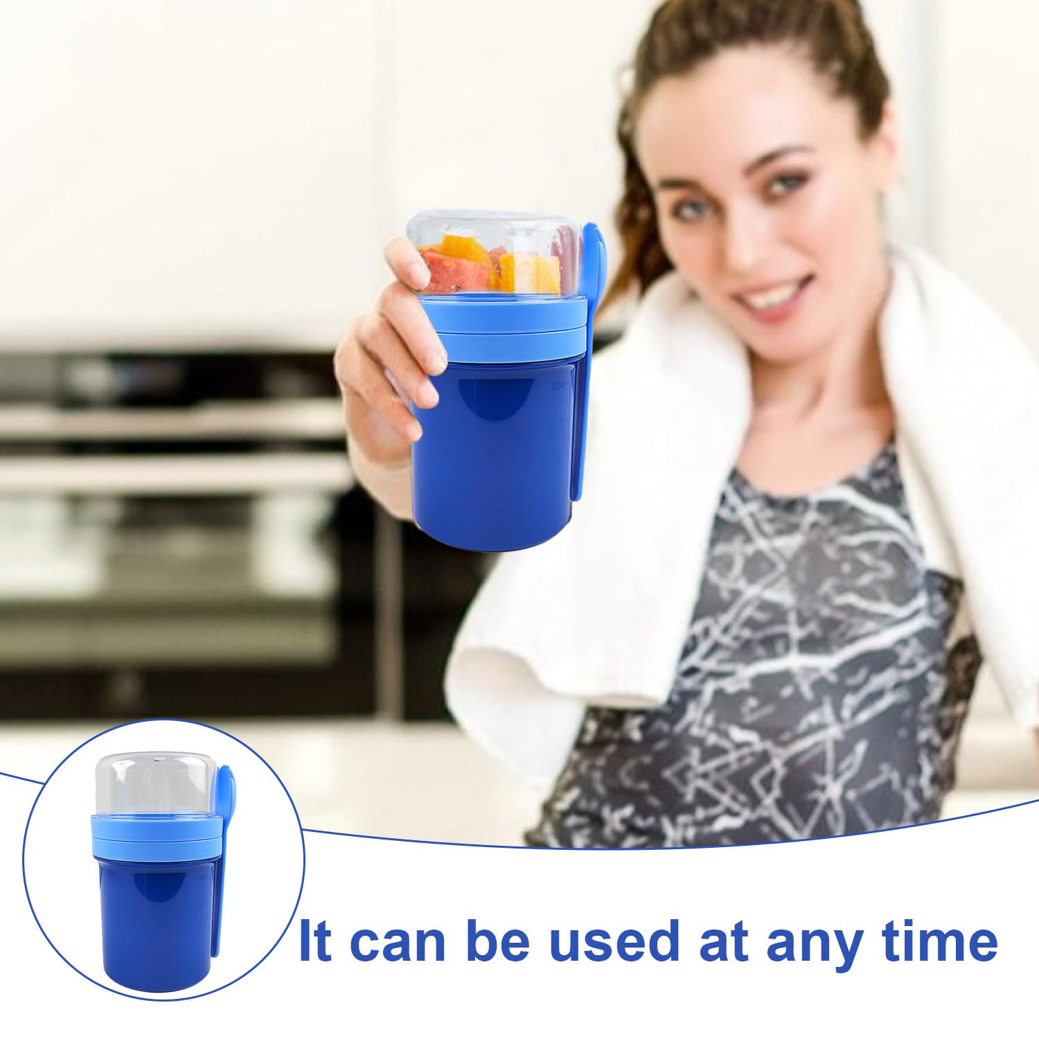 2 Stück Müslibecher to Go, Joghurtbecher to Go Mit Löffel, 450ml+350ml Blau und 550ml+350ml Grün, Müsli Becher to Go für Müsli & Joghurt, Auslaufsicher Müsli Cup Becher (Blau)