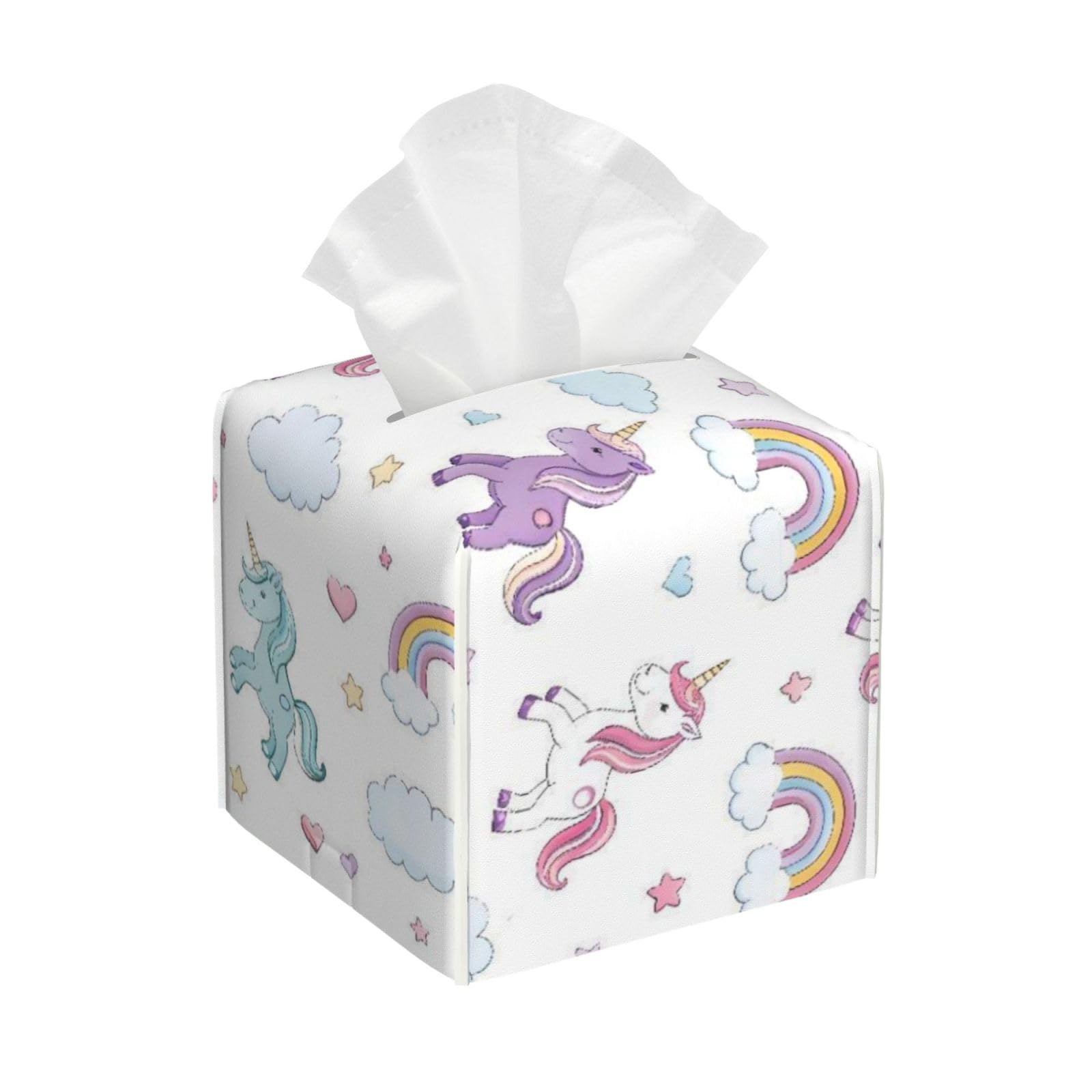 Unicorn Rainbow Leather Tissue Box Cover Holder Square Facial Paper Organizer 5.2" X 5.2" X 5.2"