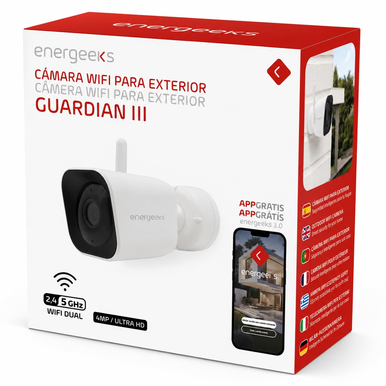 energeeks Guardian III kamera zewnętrzna WiFi - Dual 2,4/5 GHz - 4 MP Ultra HD - Instalacja Bluetooth - IP65 - Wykrywanie dźwięku i człowieka - Syrena odstraszająca - Zgodność z ONVIF