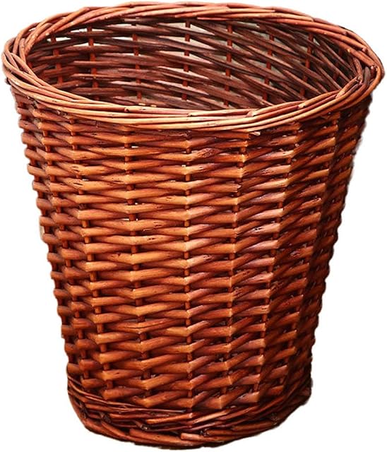 GLP Woven Wicker Trash Can Rattan Waste Paper Basket,Household Round Garbage Can Rubbish Bin Whitout Lid,Decorative Storage Basket for Bedroom Kitchen Office A