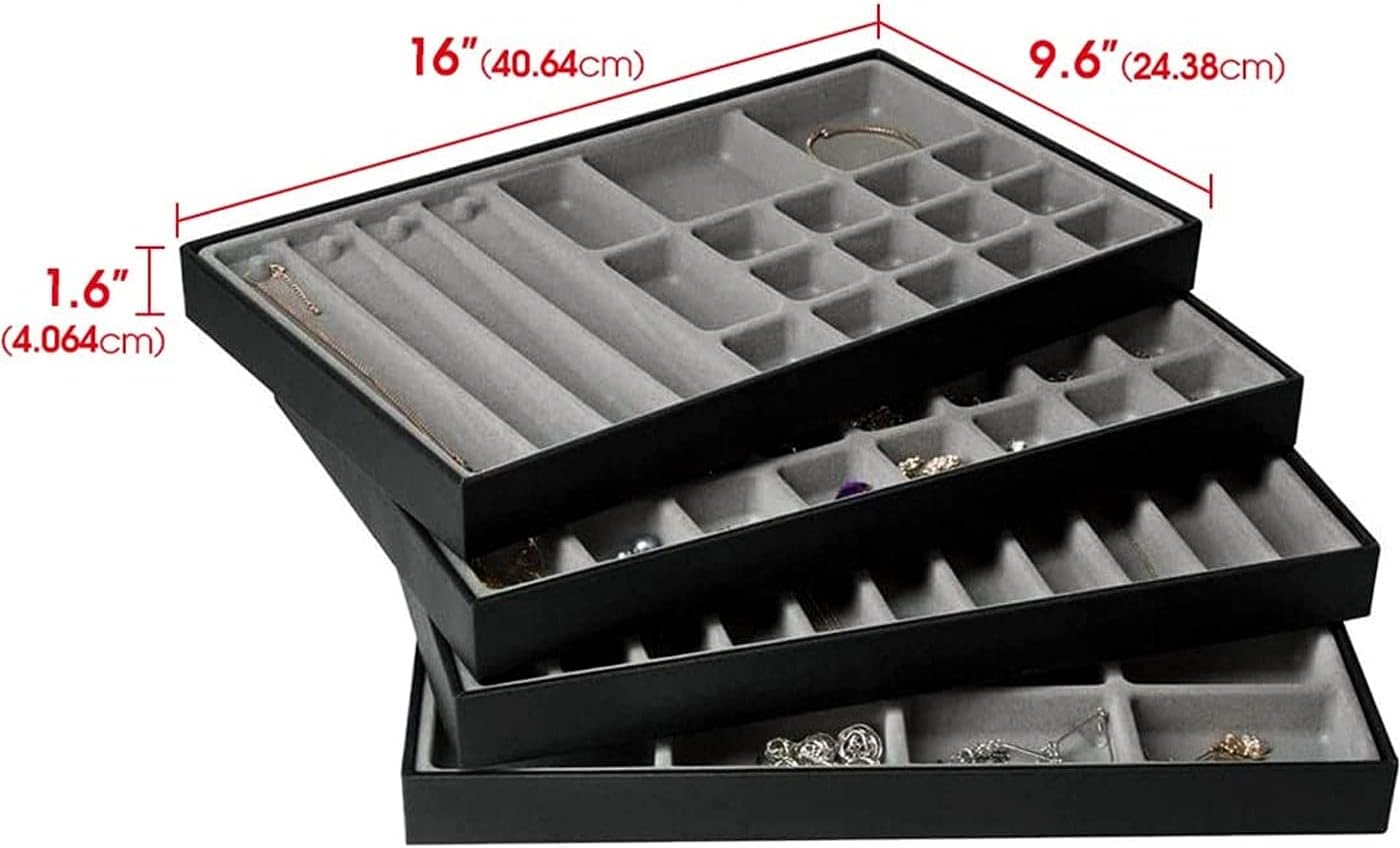 JACKCUBE DESIGN Stackable Synthetic Leather Jewelry Tray Earring Necklace Bracelet Ring Organizer Display Storage Box(Set of 4, Black, 16 x 9.6 x 1.6 inches)- :MK212-3ABCD