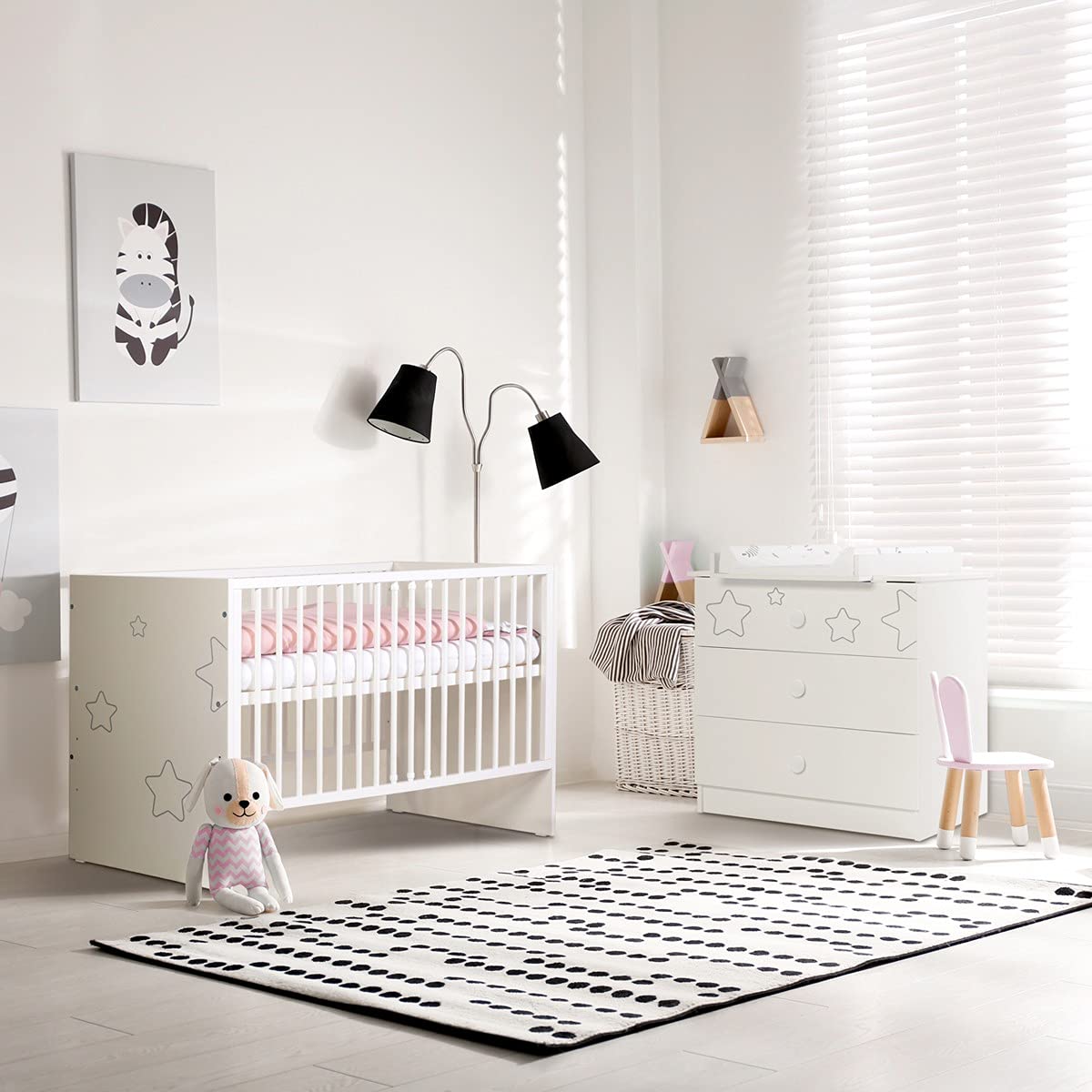 Tino Commode Enfant 3 tiroirs Motifs étoiles + Plan à Langer Amovible Blanc 83x54x87cm