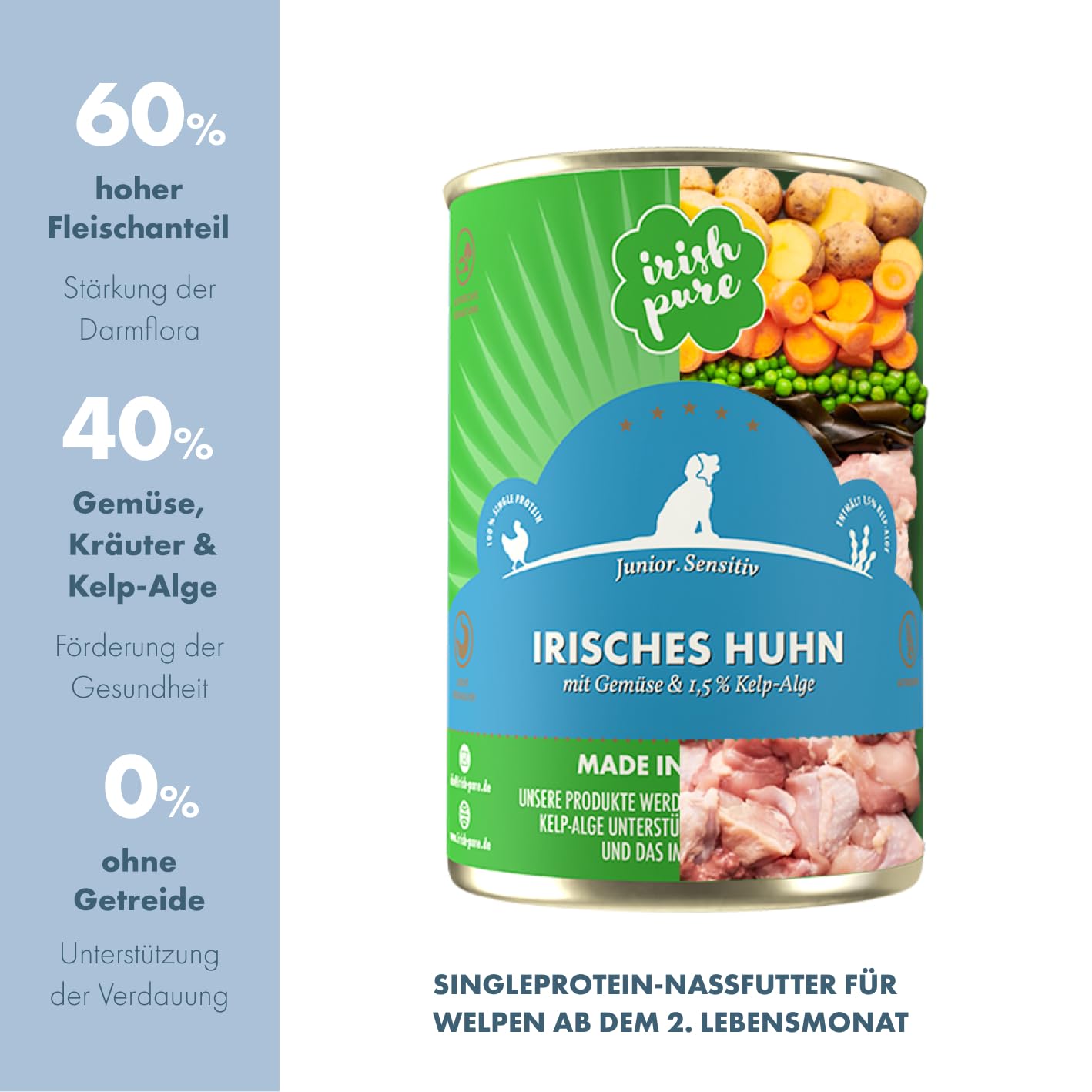 Irish Pure Premium Junior Nourriture Humide pour Chiens | 6 x 390 g | Poulet Irlandais | Vitamines | sans céréales | Sensitive | avec Superfood Kelp Algue | Nourriture Humide pour Toutes Les Races