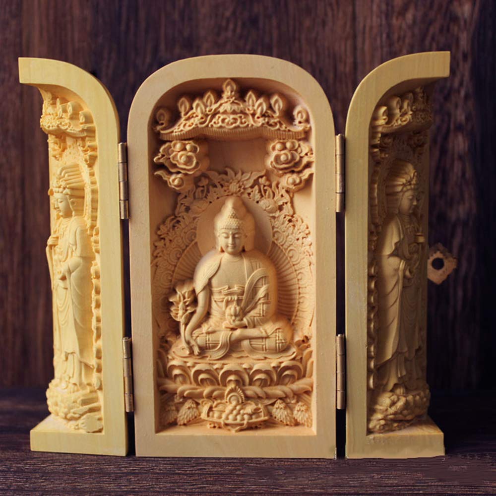 Amazon｜【仏像】 柘植木彫り 置物 三開仏 薬師三尊 【日光菩薩・薬師