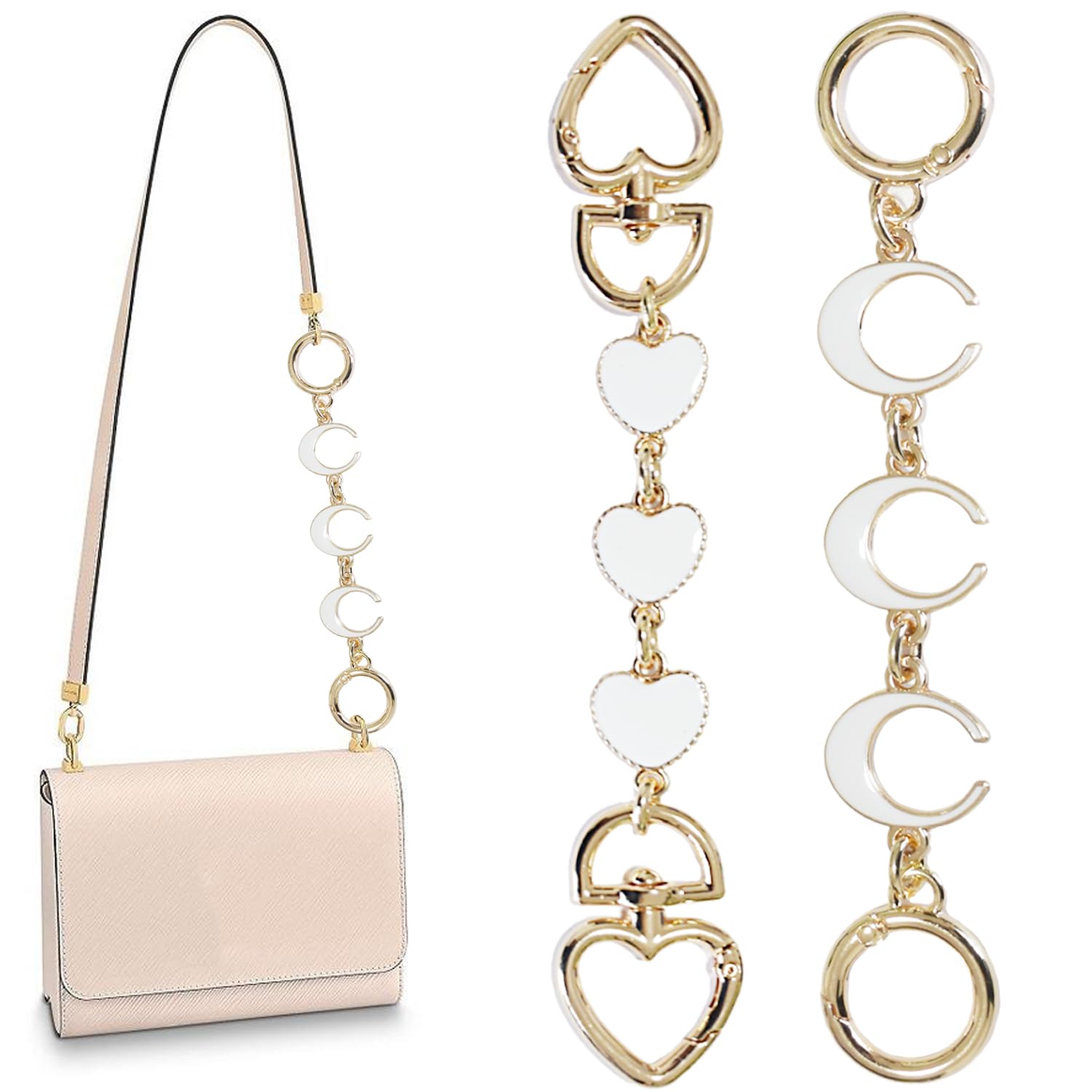 Chewarelly 2Pcs Bag chain Extender Purse Strap Extenders Handbags Extender Chain Replacement for Purse Bag Making Supplies Valentine Gifts Mother’s Day Gift(White Moon and Heart)