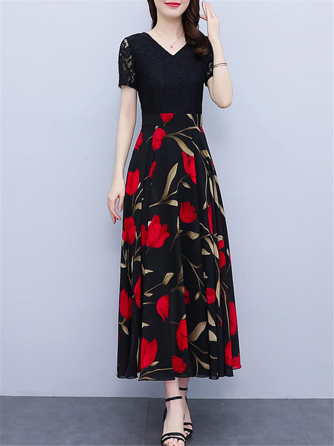 Abito estivo midi da donna, in chiffon, in pizzo, floreale, elegante, lungo, alla moda, per ufficio e feste formali