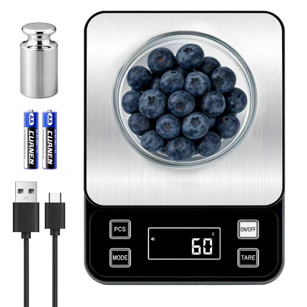 Báscula digital impermeable completa IP67,5 kg de capacidad, 0,1 g, precisión de 0,1 g, báscula de cocina con función de tara de carga tipo C, plataforma de acero inoxidable para hornear mariscos